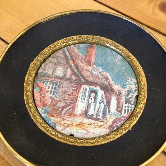 Brass Foil Art Decorative Plate Vintage Set Made in England Thatched Cottage - Picture 3 of 11